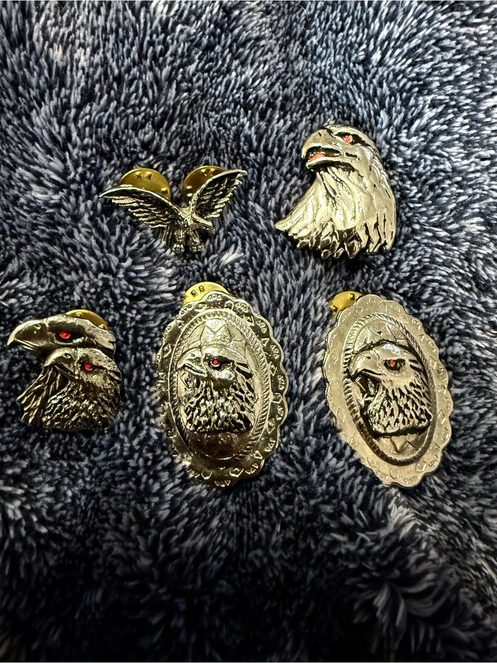 Lot of 5 Eagle Biker Motorcycle Vest Pins Silver Tone Red Eyes
